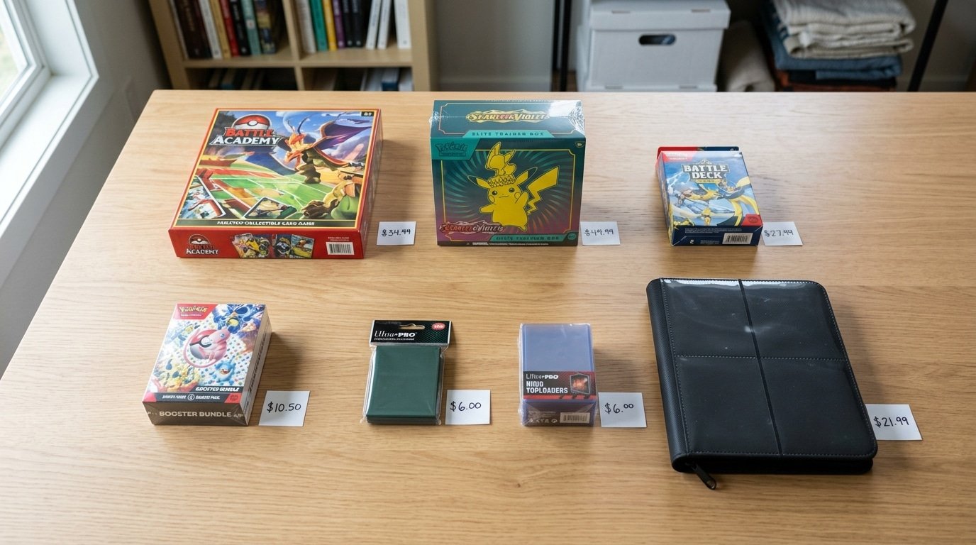 Pokémon cards for beginners starter kit with Battle Academy Elite Trainer Box theme deck sleeves toploaders and binder