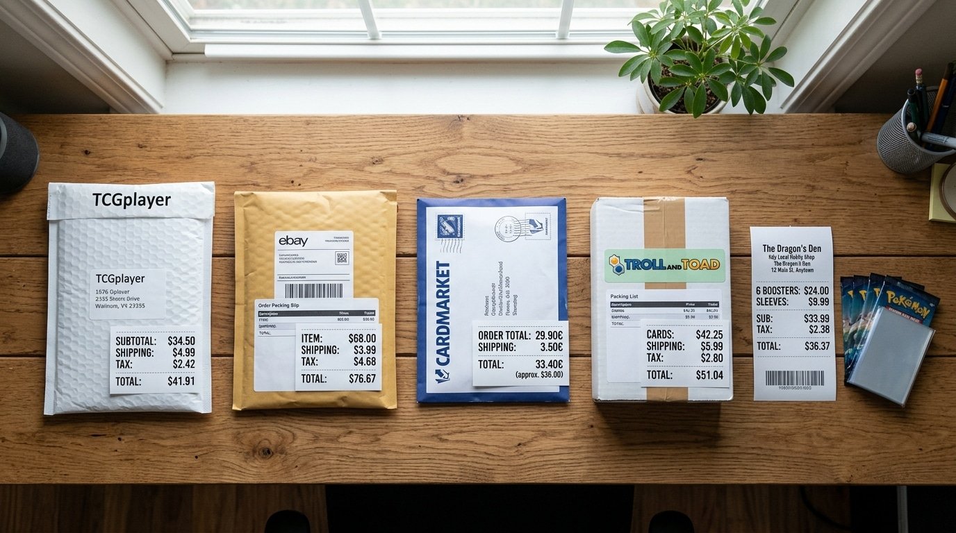 buy Pokémon cards fee comparison across TCGplayer eBay Cardmarket Troll and Toad shipping costs